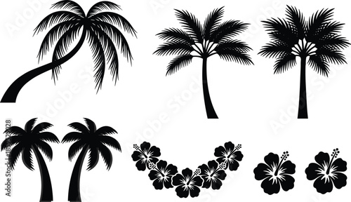 Tropical palm tree silhouettes with hibiscus flower garland and floral elements for summer beach vacation, exotic paradise vector illustration design