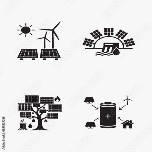 Renewable Energy Icons Set - Solar Panels, Wind Turbines & Hydropower