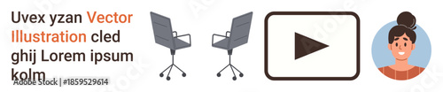 Media content, workplace design, online learning, communication, digital marketing, tutorials. Office chairs, play button and woman portrait. Media content and workplace design concepts