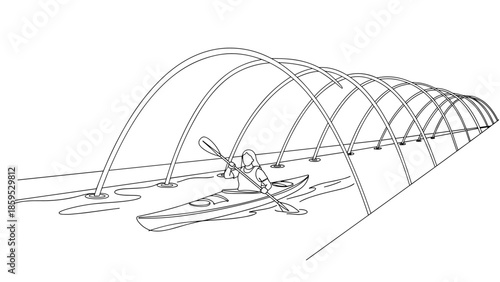 Kayaker navigating under arched bridge in linear style drawing