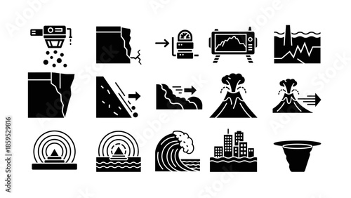 Natural disasters silhouette icons set featuring earthquake volcano and tsunami