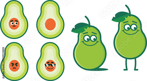 Cute Avocado Cartoon Character Set with Expressions Flat Design Style.Funny Avocado Halves and Green Fruit Mascots.Kawaii Style Avocado and Pear