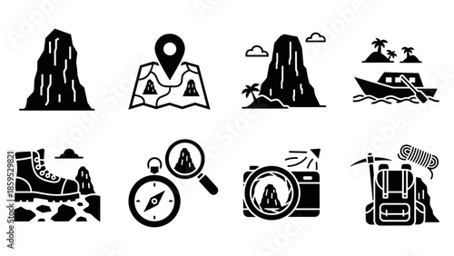 Adventure icons set: hiking, navigation, and exploration symbols in bold silhouette style