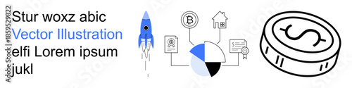 Cryptocurrency, blockchain, data analysis, fintech, investment, innovation. A rocket, pie chart blockchain connections and coin graphic. Cryptocurrency and blockchain concepts