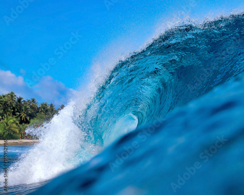 CloseUp Ocean Wave Curling With Spray, Majestic Blue Barrel, HighSpeed Capture Of Translucent Water,