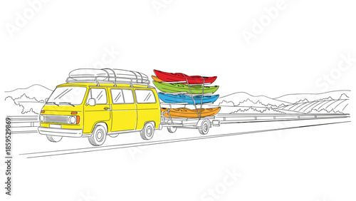 Colorful road trip adventure with van and kayaks in linear style