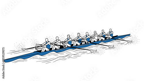 Team rowing in line art style: eight athletes row canoe racing on water