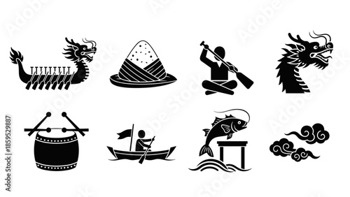 Dragon boat festival icons in bold black and white silhouette style