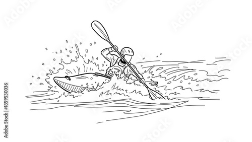 Kayaker paddling through rapids in dynamic line art drawing