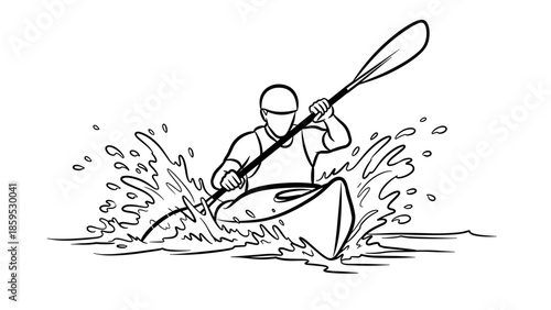 Dynamic kayaker riding splashes in black and white line art