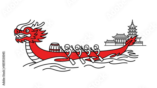 Dragon boat race with pagoda background: traditional asian festival scene