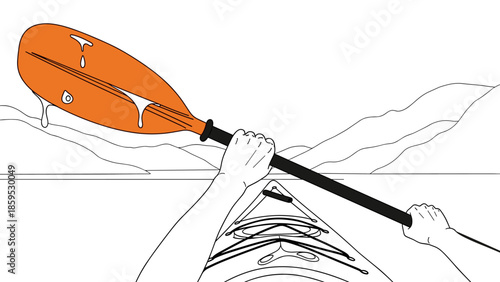 Minimalist kayaking scene with hands paddling on calm water surrounded by mountains