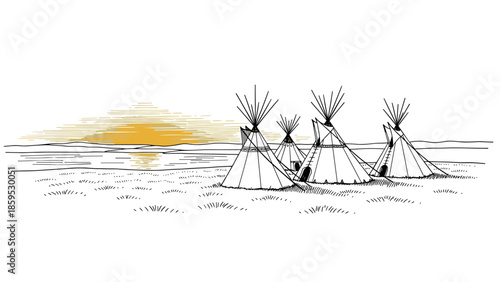 Tribal teepees in a prairie landscape with hand-drawn sunrise in minimalist style
