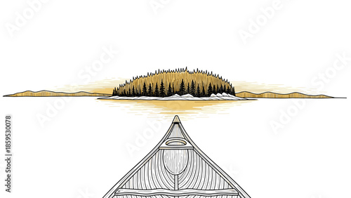 Canoe adventure toward serene island with forested landscape