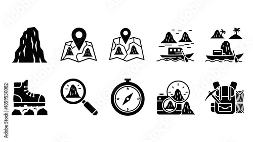 Adventure icons: mountains, maps, hiking, and exploration gear