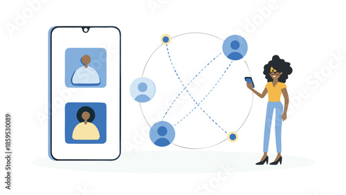 Flat illustration of a smiling woman holding a smartphone with social media connections
