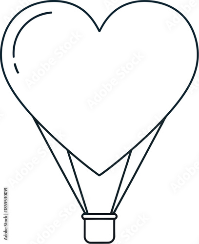 Minimalist line art heart shaped hot air balloon floating across a beautiful blue sky with clouds