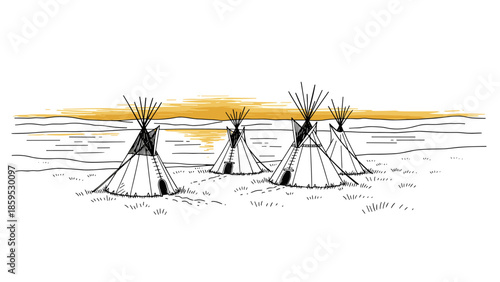 Minimalist teepee landscape with sunset and grassy plains