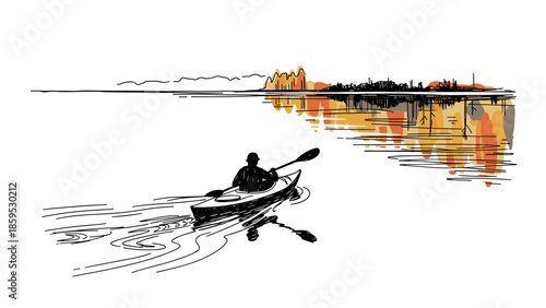 Silhouette of kayaker on serene lake with autumn forest reflection in sketch style