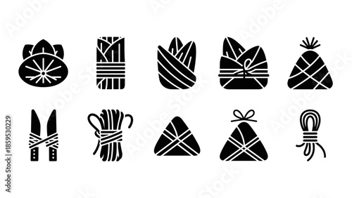 Set of traditional black silhouette rice dumplings with decorative string patterns