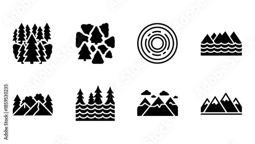 Minimalist nature icons with forest, mountain, and water elements