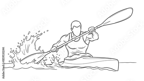 Dynamic line art of kayaker paddling with splashes in water action scene