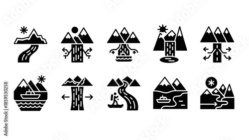 Adventure icons: monochrome symbols of outdoor exploration and nature travel