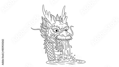 Intricate line art of a mythical dragon head with water splashing in black and white