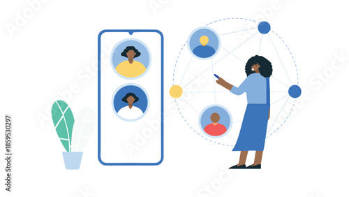 Flat illustration of a woman interacting with a mobile phone and network connections