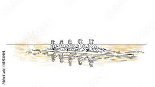 Rowers at sunrise: teamwork and reflection on calm waters