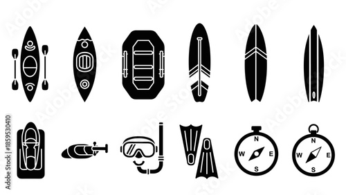 Silhouette icons of kayaks, surfboards, and scuba gear for outdoor adventures