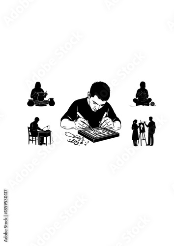 Handmade Craft Artisan Silhouette Focused on Linocut Carving for Traditional Maker Culture and Creative Hobby Concept Vector