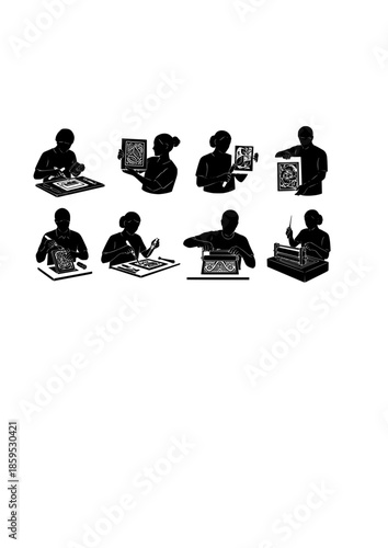 Handmade Craft Artisan Silhouette Focused on Linocut Carving for Traditional Maker Culture and Creative Hobby Concept Vector
