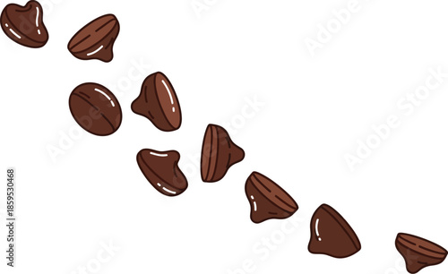 Delicious dark chocolate chips falling in a line against a clean white background illustration