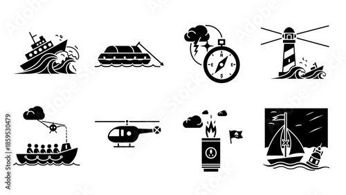 Nautical black silhouette icons set with boats, lighthouse, and compass