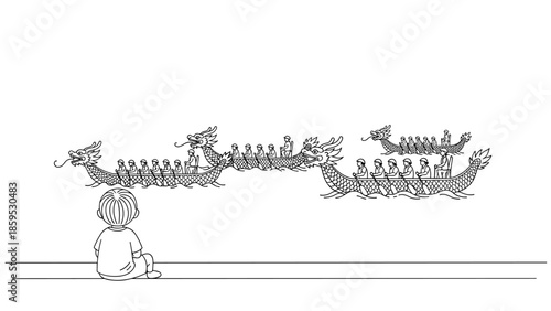 Child watching dragon boat race outline on waterfront