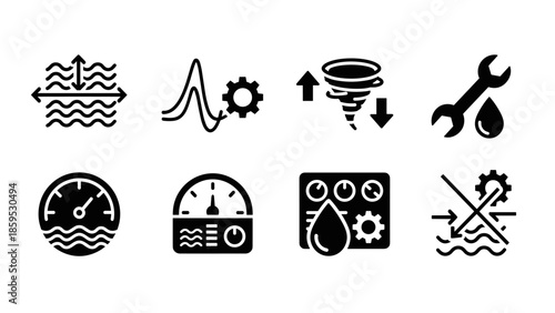 Industrial process icons: monitoring, control, maintenance in bold silhouette style