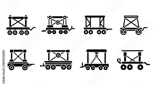 Set of vintage railroad carts icons in black silhouette style