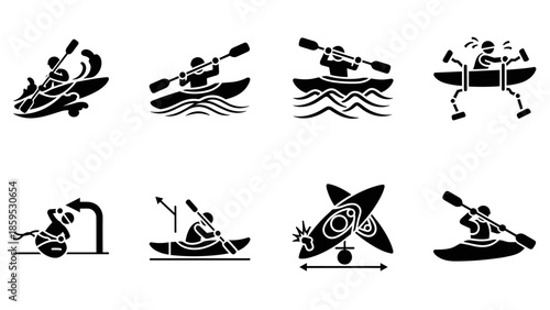 Silhouette icons of kayaking poses and techniques in minimalist style