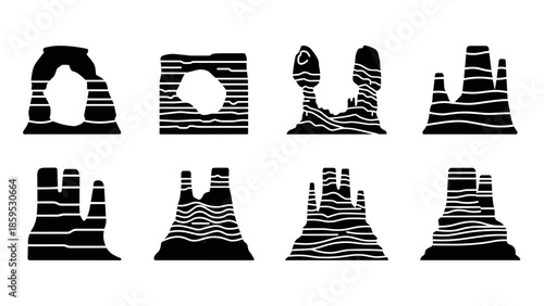Silhouette set of iconic rock formations with stripe patterns