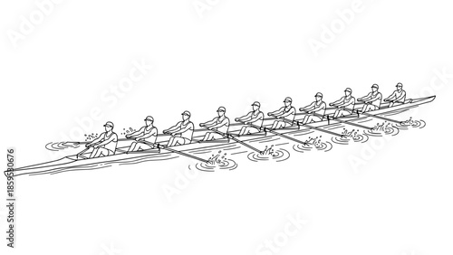 Linear drawing of rowing team: eight athletes in motion