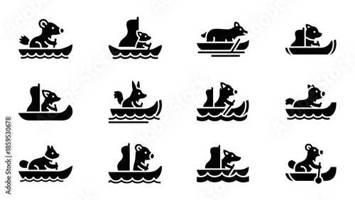 Cute animals in boats silhouette icons set: playful wildlife nautical adventure