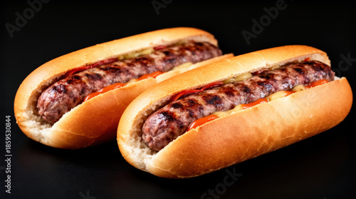 Two traditional South African Boerewors rolls presented as hot dogs in toasted buns with ketchup and relish on a dramatic black background