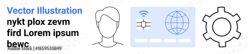 User profile outline, digital ID card with connectivity symbols, and gear wheel. Ideal for technology, identity, networking, cybersecurity, global communication, digital tools simple landing page
