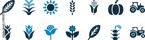 Agricultural icons featuring plants and tractors in blue and black