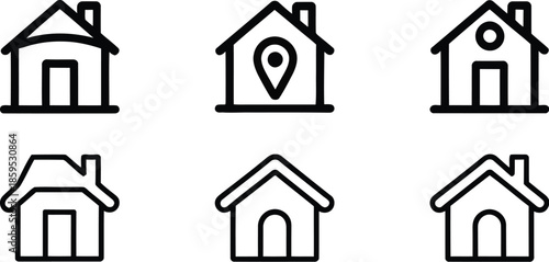Simple black line icons of various house styles