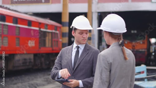 Businesspeople working on tablet and checking train on construction site