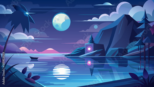 Night sea vector with moonlight reflecting on calm water, minimalist flat style