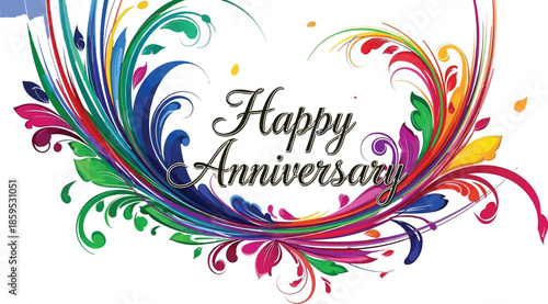 Vibrant floral swirl design with elegant script text wishing happy anniversary to someone special