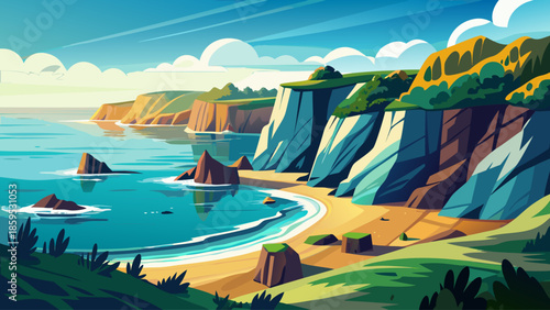 Coastal sea landscape vector with cliffs overlooking the ocean, flat illustration